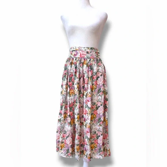 Vtg 80s Floral Cottagecore High Waist Floral Midi Skirt With Pockets XS - Picture 2 of 14